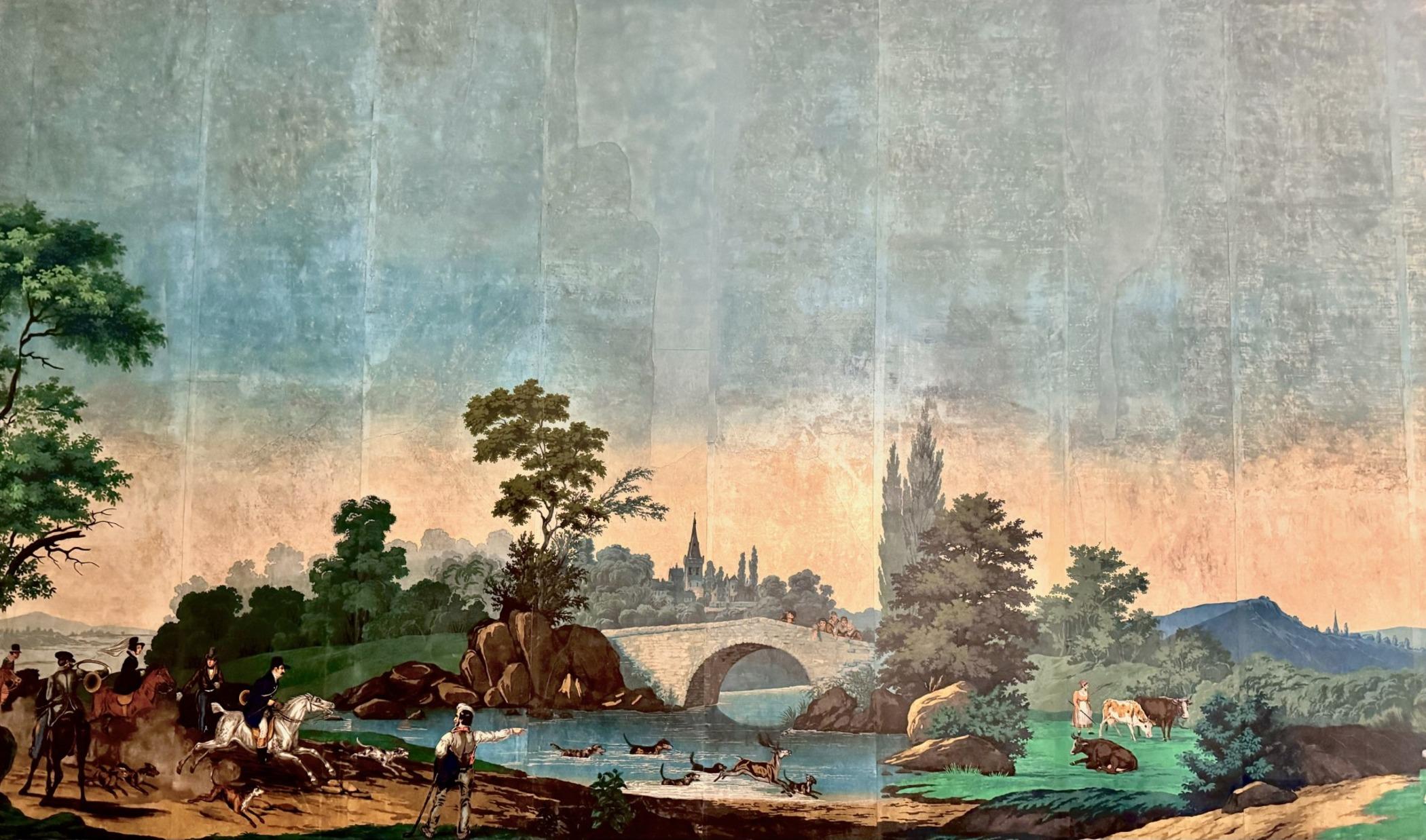 Le paysage à chasses, a scenic wallpaper of a hunting scene that is hung in Van Buren's dining room
