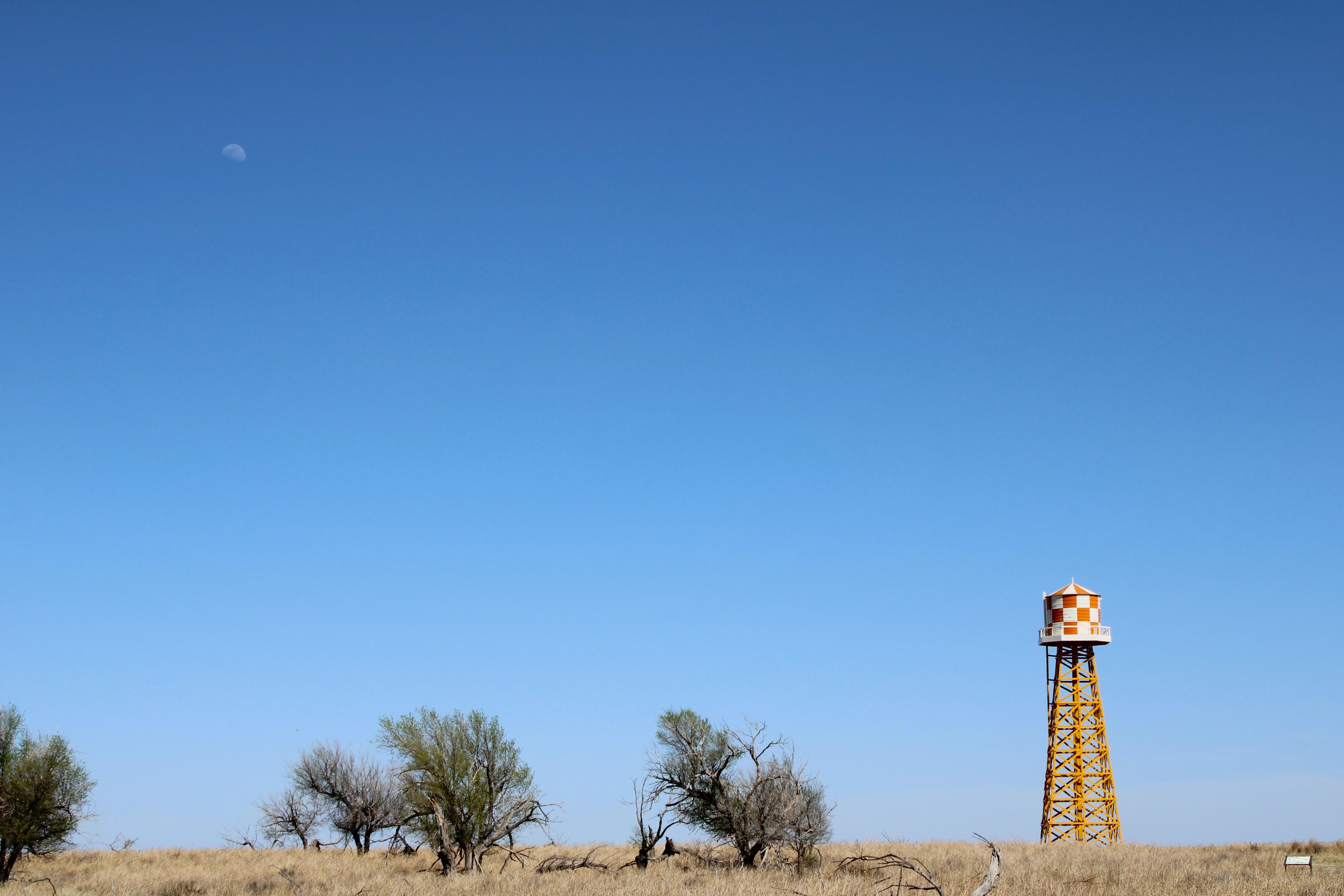A water tower on the horizon next to trees